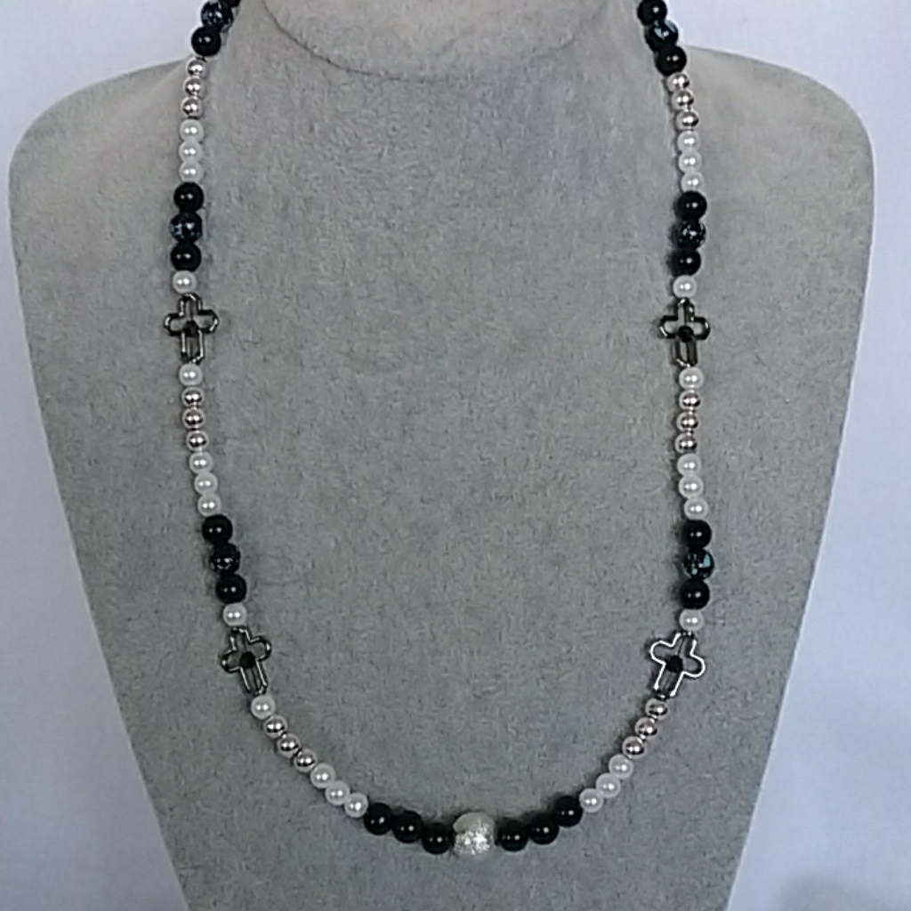 Blessed Cross White Black Silver Beaded Necklace 25$